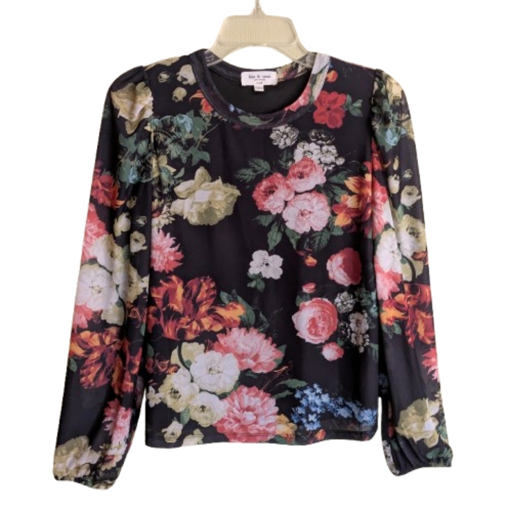 Kim & Cami LA Romantic Floral Print Stretchy Mesh Top Crew Neck Long Sleeves